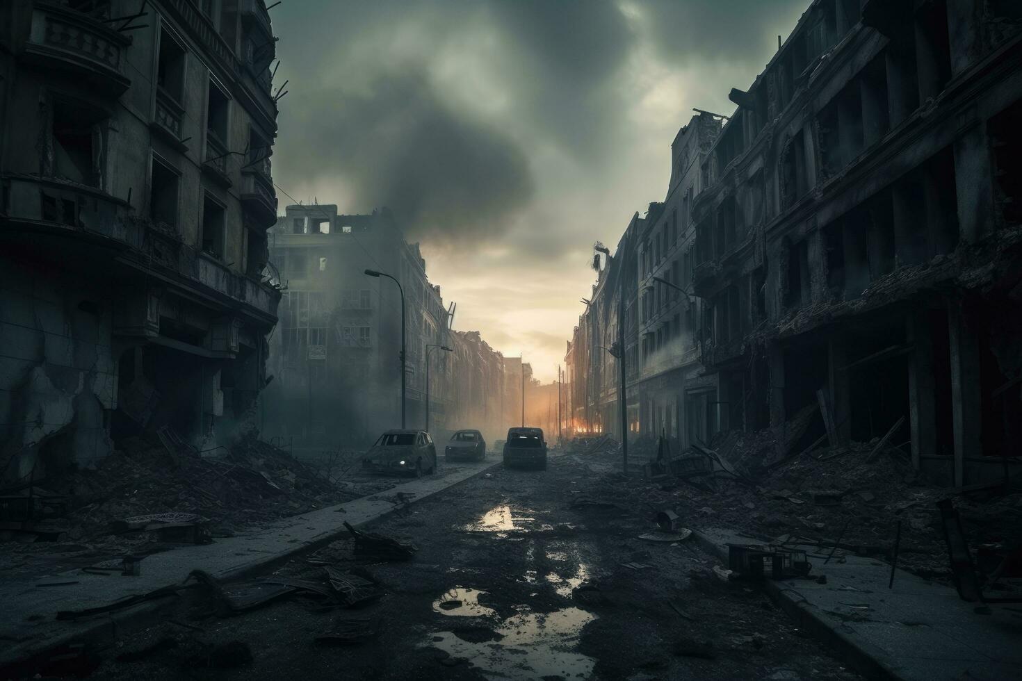 spectaculaire vue de une détruit bâtiment dans le ville pendant une inondation. effrayant guerre situation et spectaculaire destruction dans une ville, ai généré photo