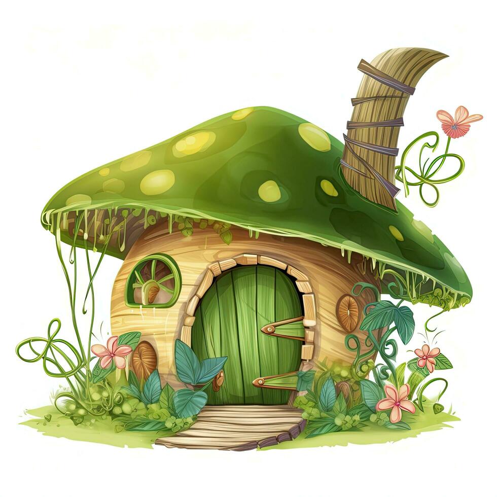 illustration de une vert champignon maison avec une balai sur une blanc arrière-plan, vert Fée maison clipart, ai généré photo