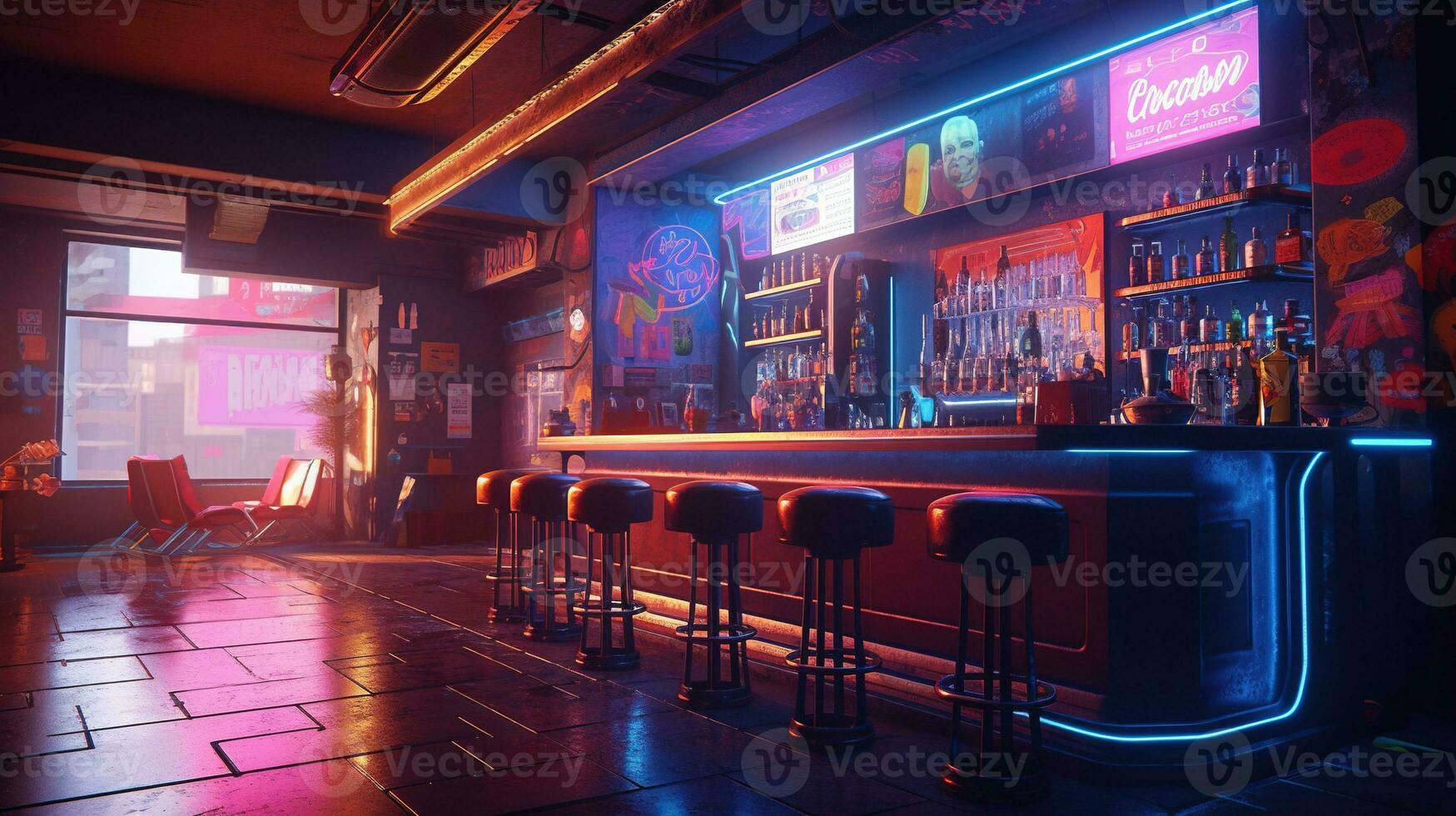 génératif ai, cyberpunk style bar ou café. nuit scène de gros ville, futuriste nostalgique années 80, années 90. néon lumières vibrant couleurs, photoréaliste horizontal illustration. photo