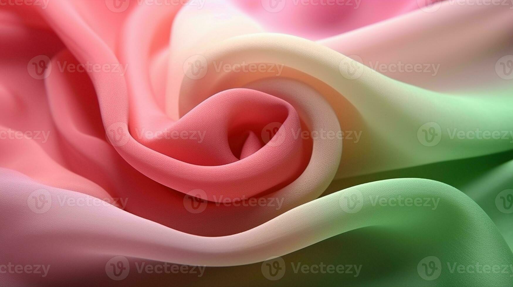 génératif ai, écoulement mousseline de soie en tissu texture dans lumière rose et vert couleur. brillant printemps bannière, Matériel 3d effet, moderne macro photoréaliste abstrait Contexte illustration photo