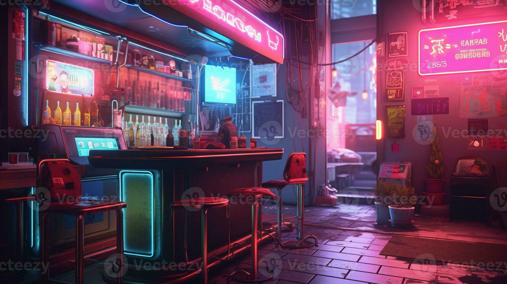 génératif ai, cyberpunk style bar ou café. nuit scène de gros ville, futuriste nostalgique années 80, années 90. néon lumières vibrant couleurs, photoréaliste horizontal illustration. photo