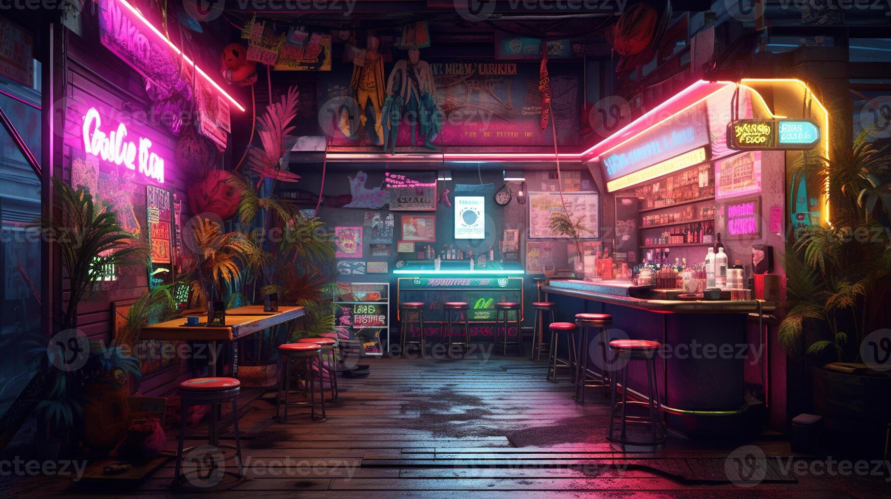 génératif ai, cyberpunk style bar ou café. nuit scène de gros ville, futuriste nostalgique années 80, années 90. néon lumières vibrant couleurs, photoréaliste horizontal illustration. photo