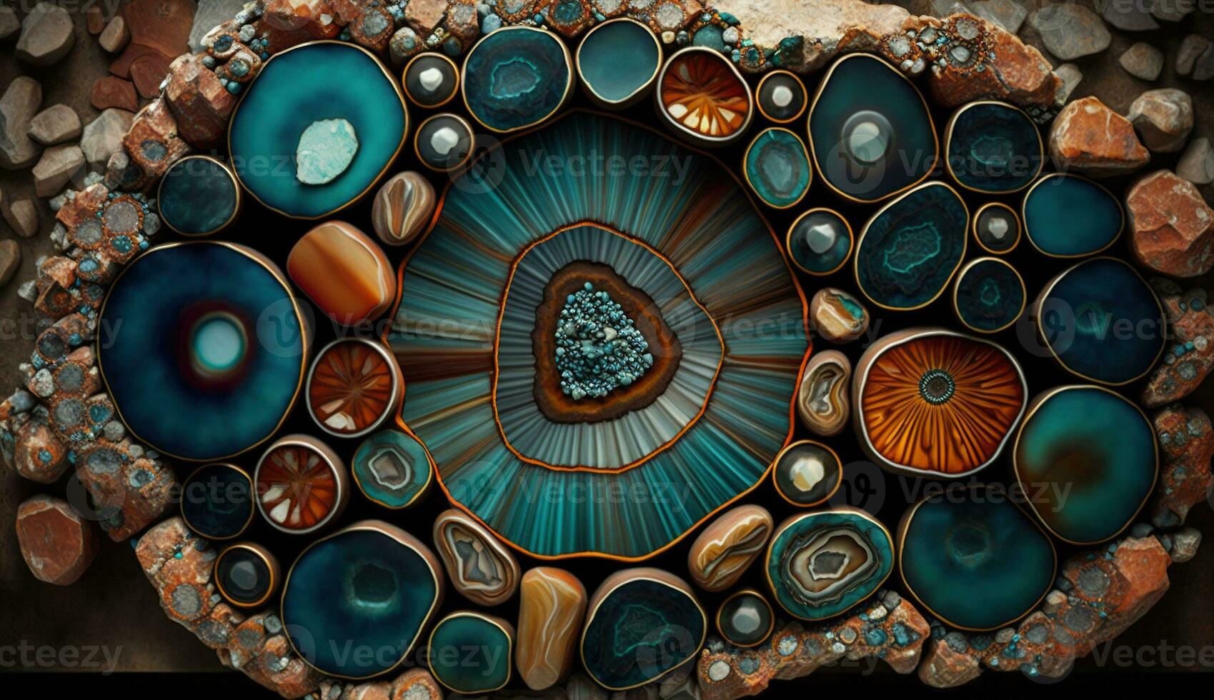 génératif ai, Naturel volcanique agate des pierres fermer turquoise, marron et Orange texture. fond d'écran arrière-plan, quartz marbre, décoratif Roche modèle photo