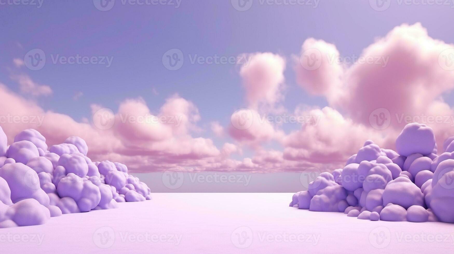 génératif ai, violet, numérique lavande Couleur fantastique 3d des nuages sur le sol, ciel et paysage. doux couleurs et avec brillant lumières. photo