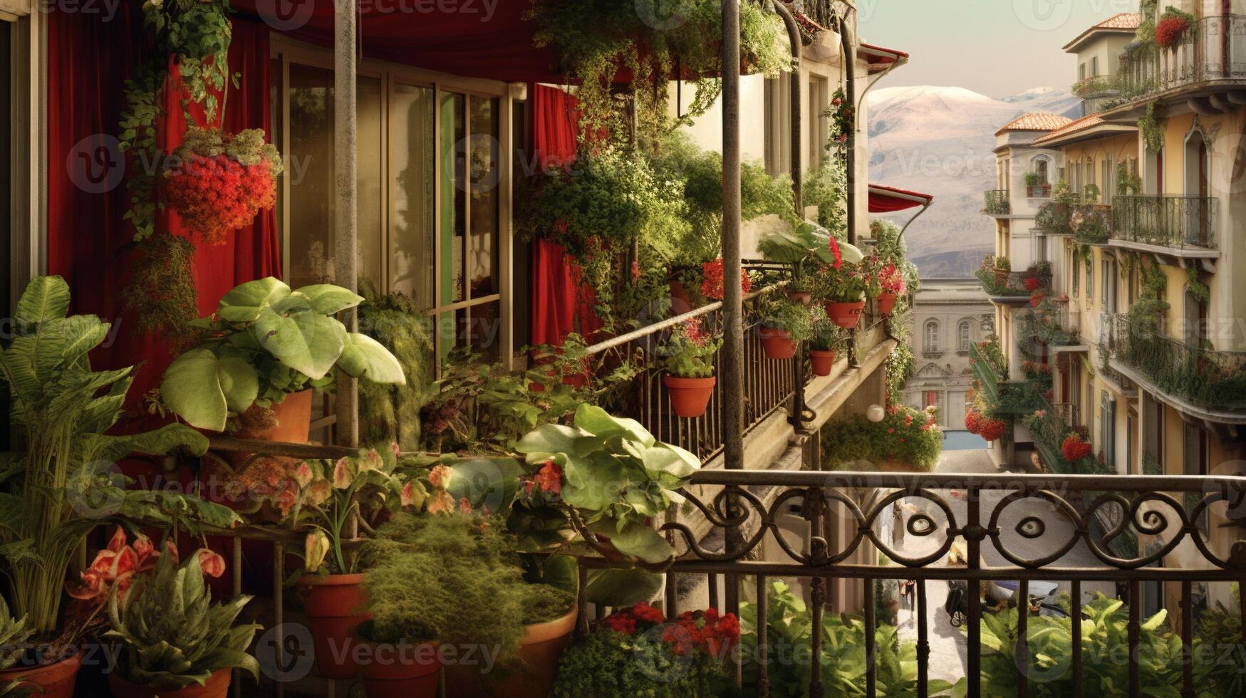 génératif ai, magnifique balcon entouré par une tropical style jardin, épanouissement fleurs et vert les plantes photo