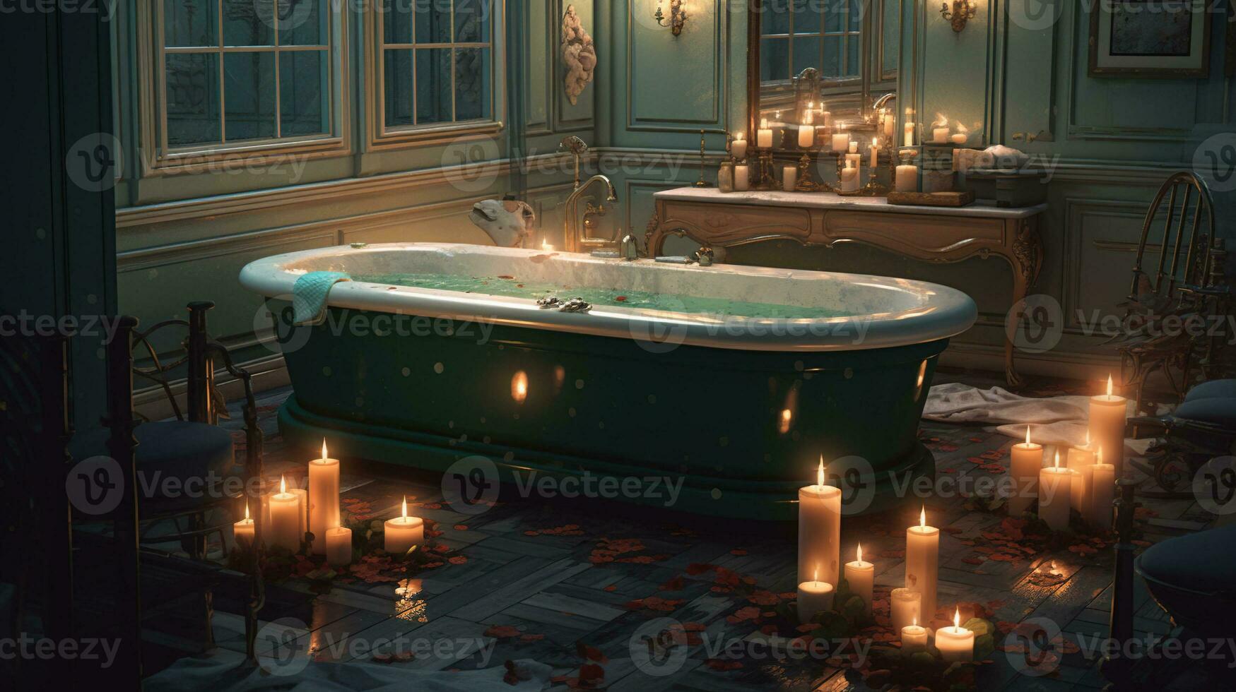 génératif ai, intérieur de moderne salle de bains avec brûlant bougies dans soir. romantique atmosphère, spa et se détendre concept photo