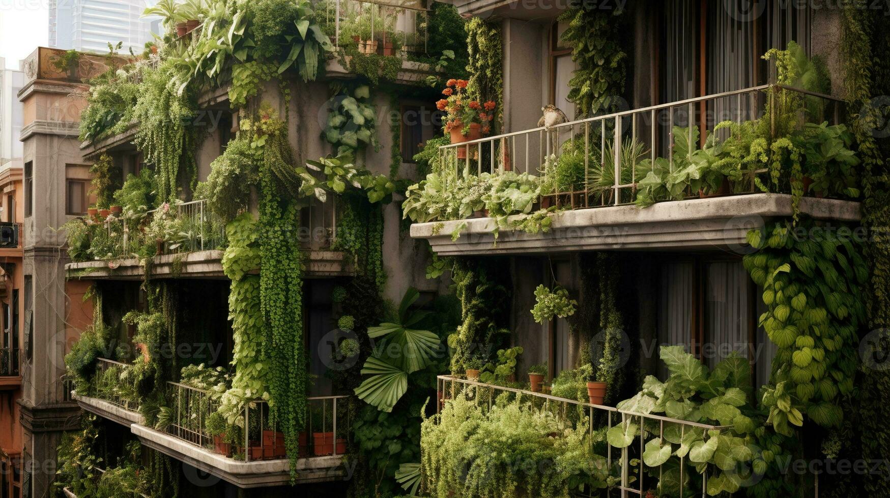 génératif ai, magnifique balcon entouré par une tropical style jardin, épanouissement fleurs et vert les plantes photo