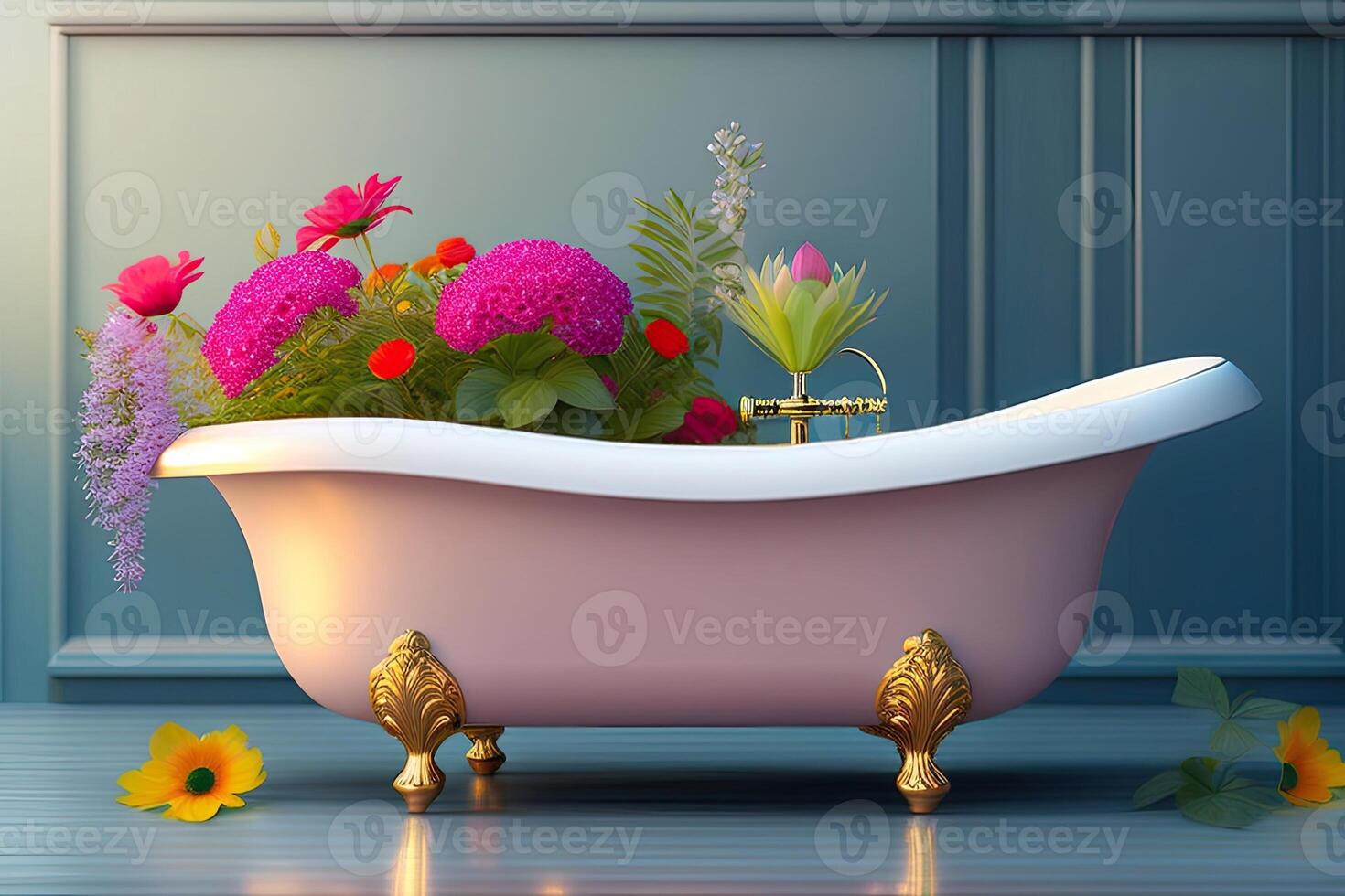 une baignoire avec fleurs génératif ai photo