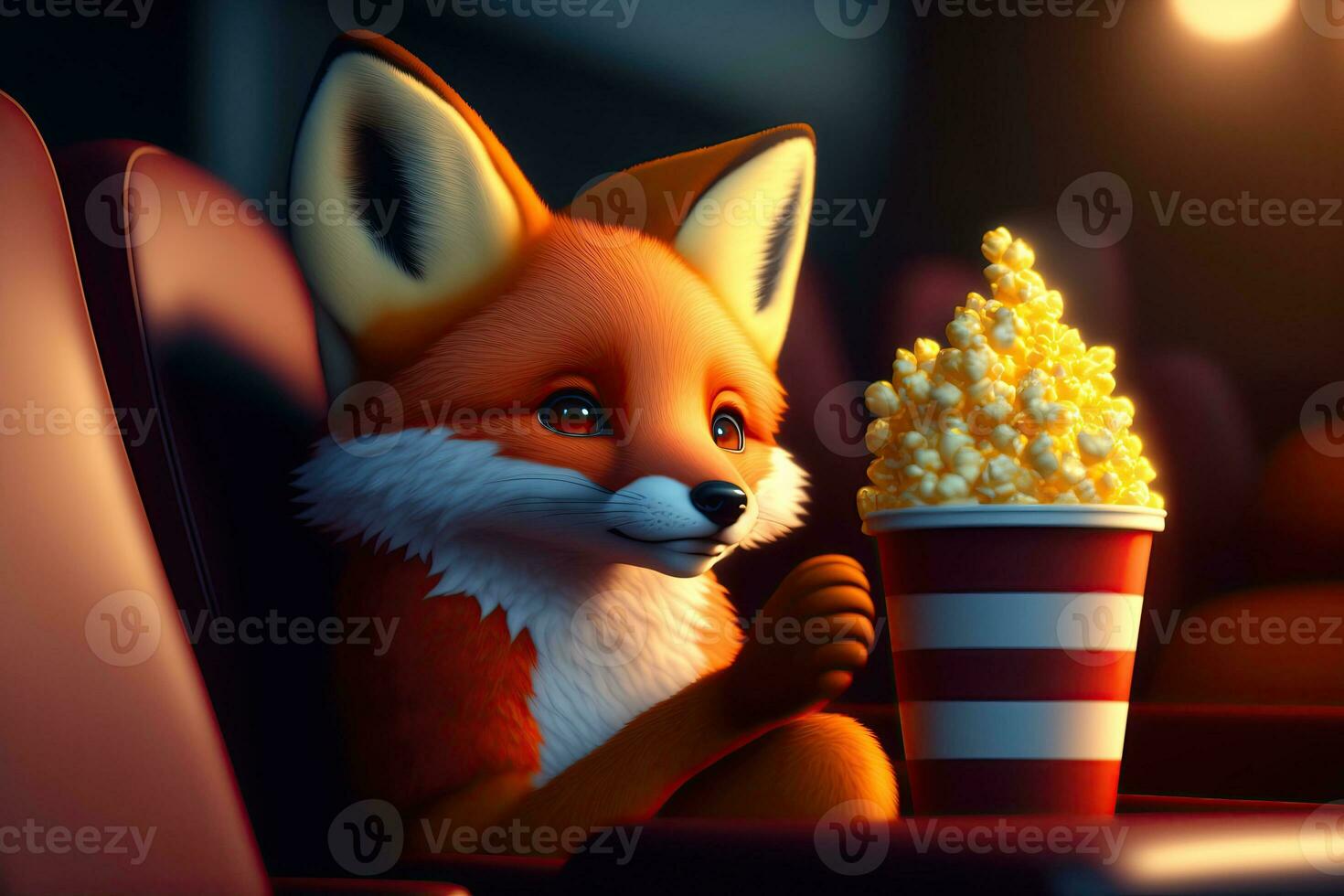 Renard à cinéma en train de regarder film avec pop corn photo