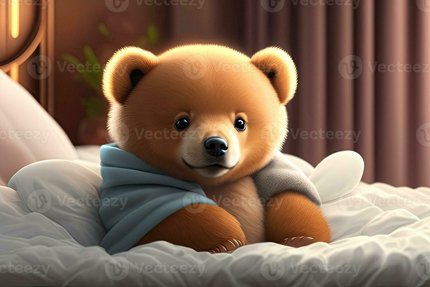 bébé ours malade dans lit génératif ai photo
