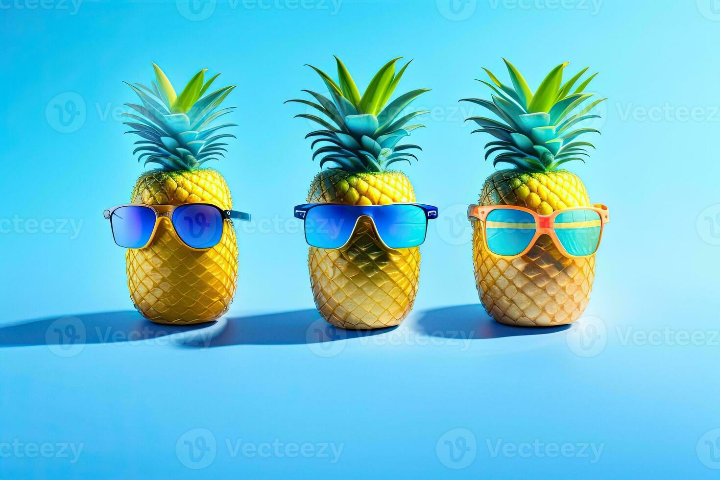 ananas avec des lunettes de soleil sur bleu Contexte génératif ai photo
