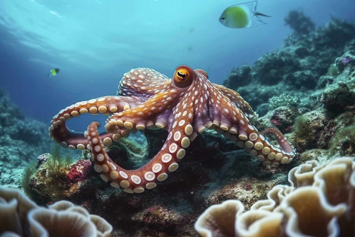 poulpe nager sous-marin, magnifique sous-marin, et coloré corail dans le sauvage la nature de le pacifique océan, produire ai. photo