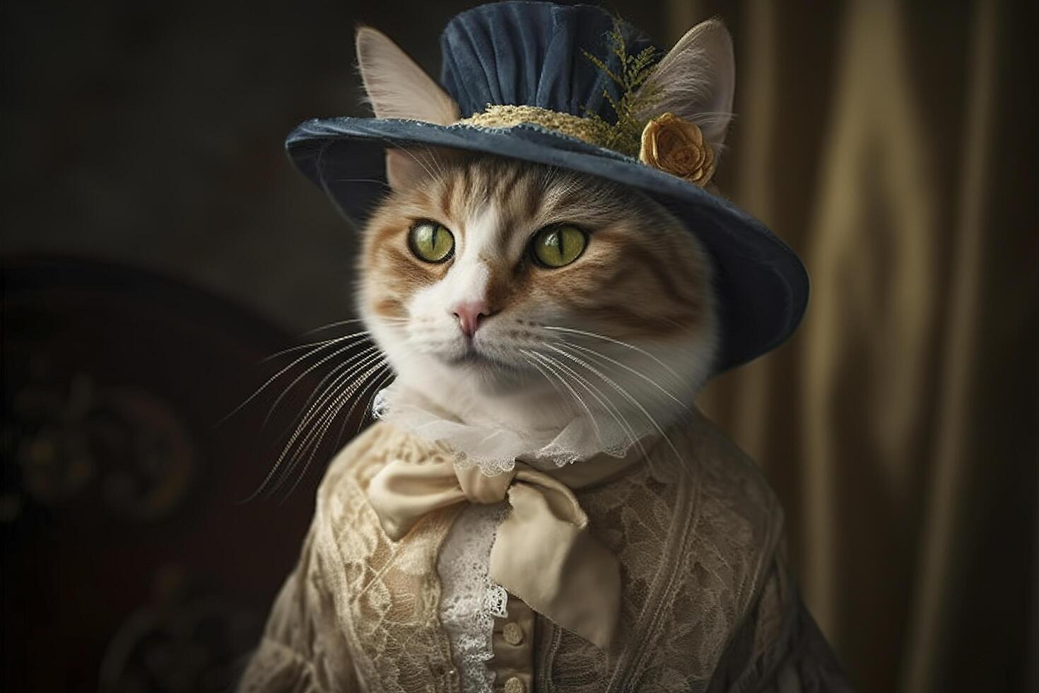 chat habillé dans ancien vêtements dans victorien style, portrait dans le style de le 19e siècle, marrant mignonne chat dans Humain vêtements. ai généré image. photo