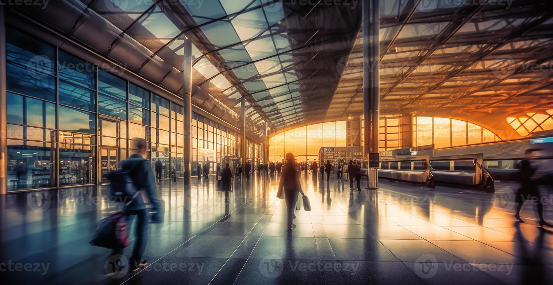 aéroport bâtiment, international Terminal, se précipiter gens à atterrir, flou Contexte - ai généré image photo