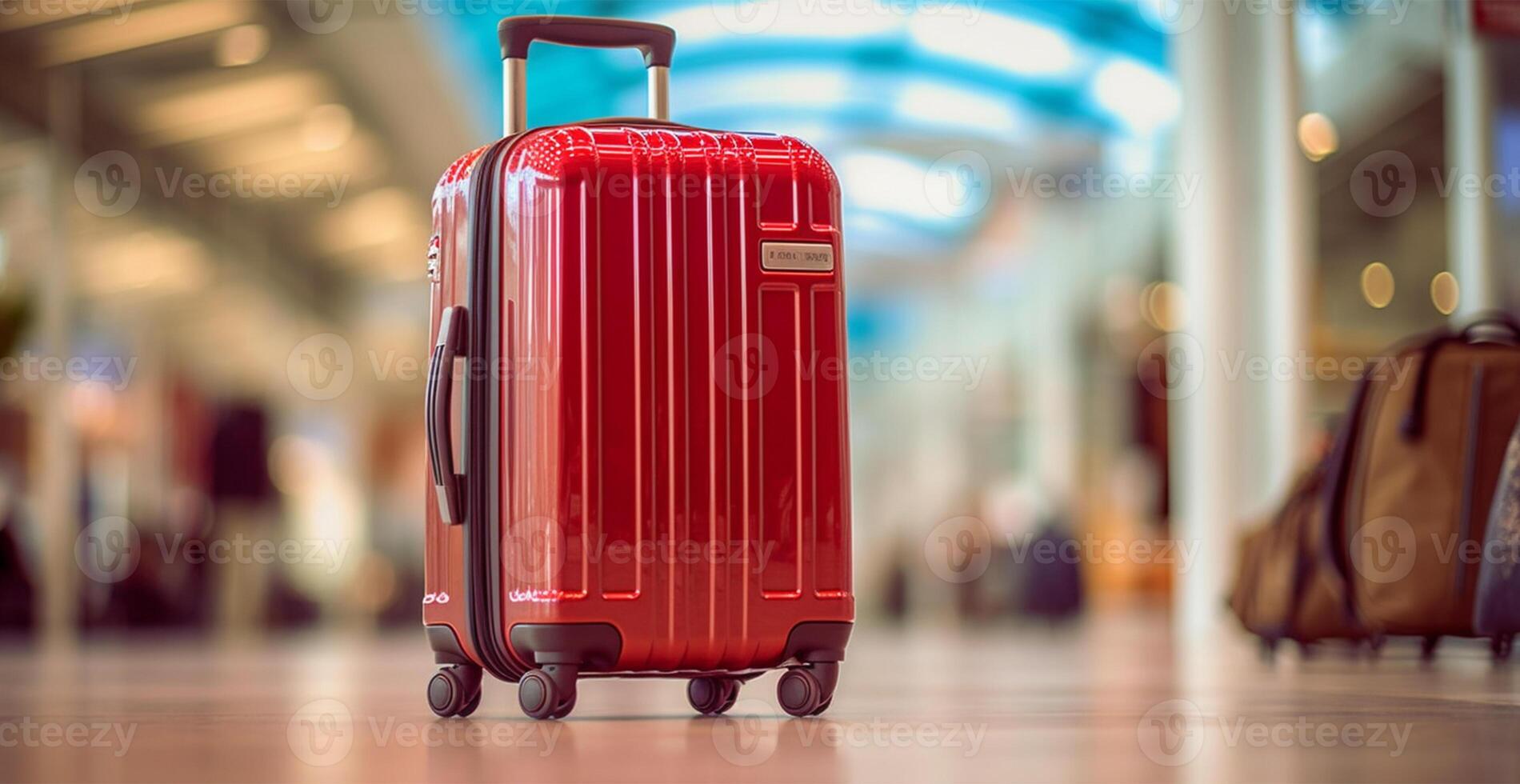 rouge valise, bagage à le aéroport - ai généré image photo