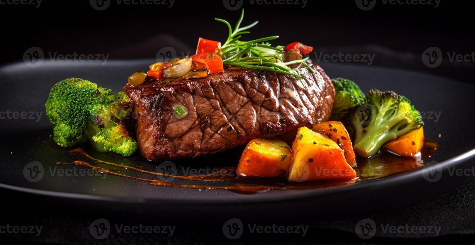 cuit Frais du boeuf avec des légumes dans une noir plaque, en bonne santé alimentaire, foncé Contexte - ai généré image photo