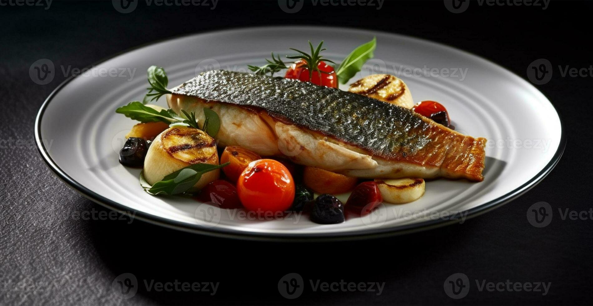 cuit poisson avec Frais des légumes - ai généré image photo