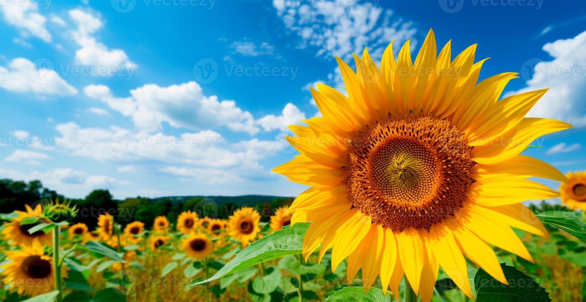 champ de tournesols dans floraison, chaud ensoleillé été, panoramique brillant Contexte - ai généré image photo