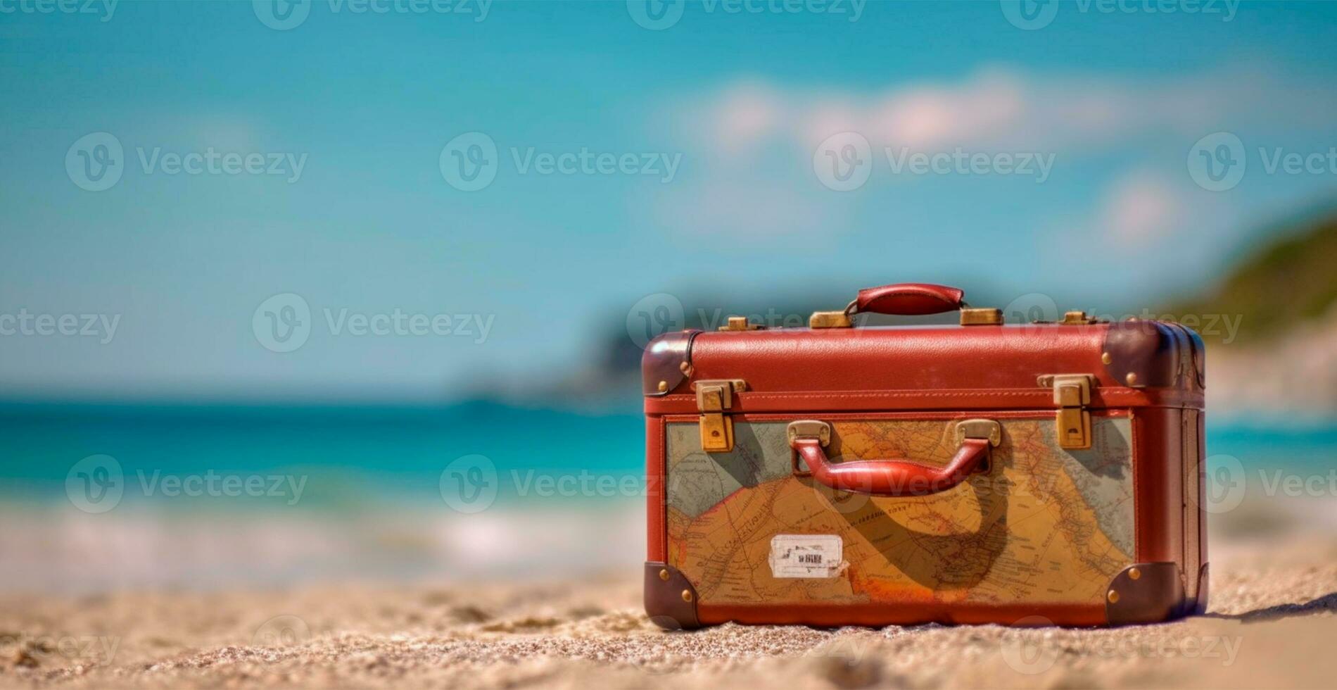 été Voyage et tourisme, brillant valise sur une magnifique sablonneux plage. vacances Voyage - ai généré image photo