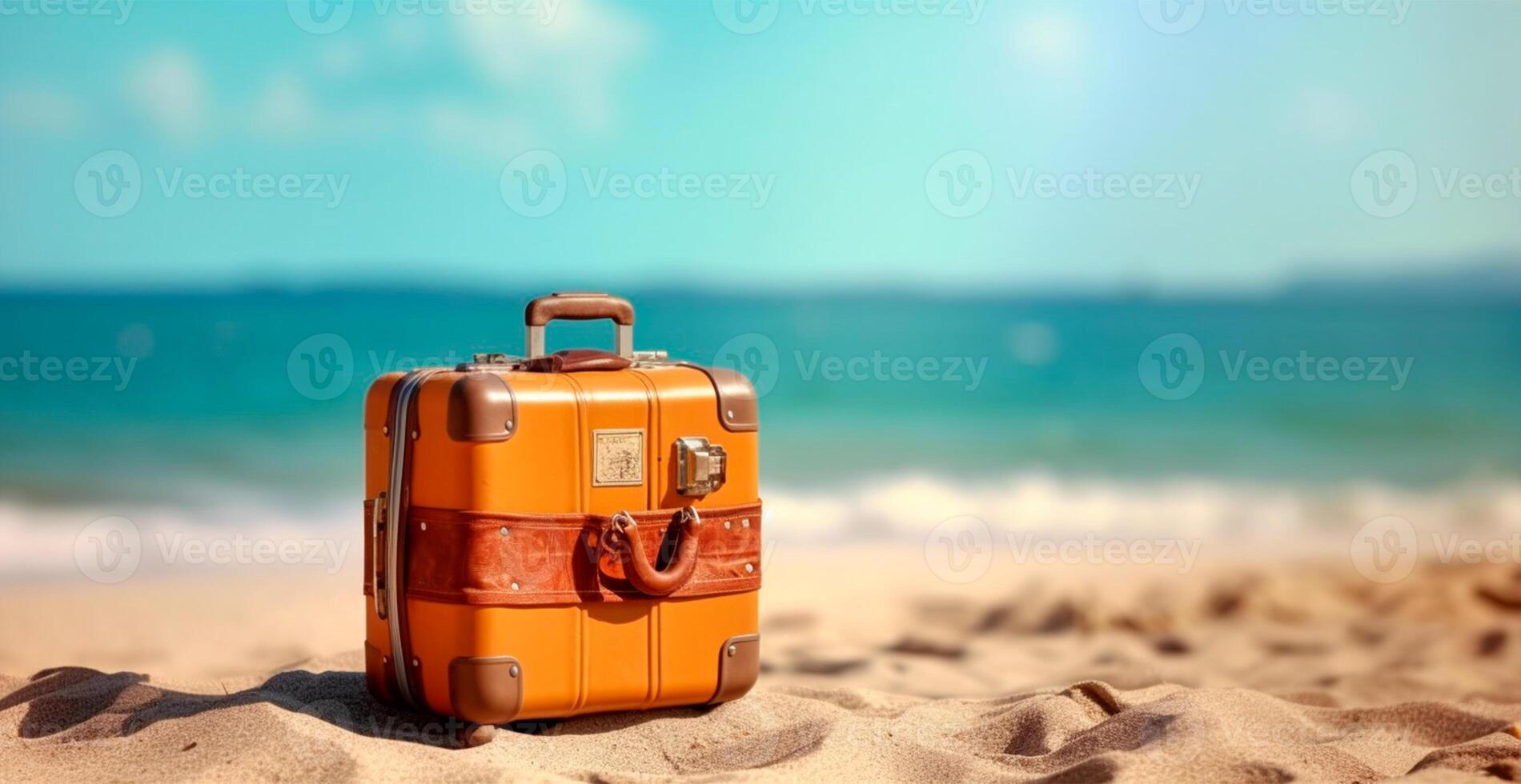 été Voyage et tourisme, brillant valise sur une magnifique sablonneux plage. vacances Voyage - ai généré image photo