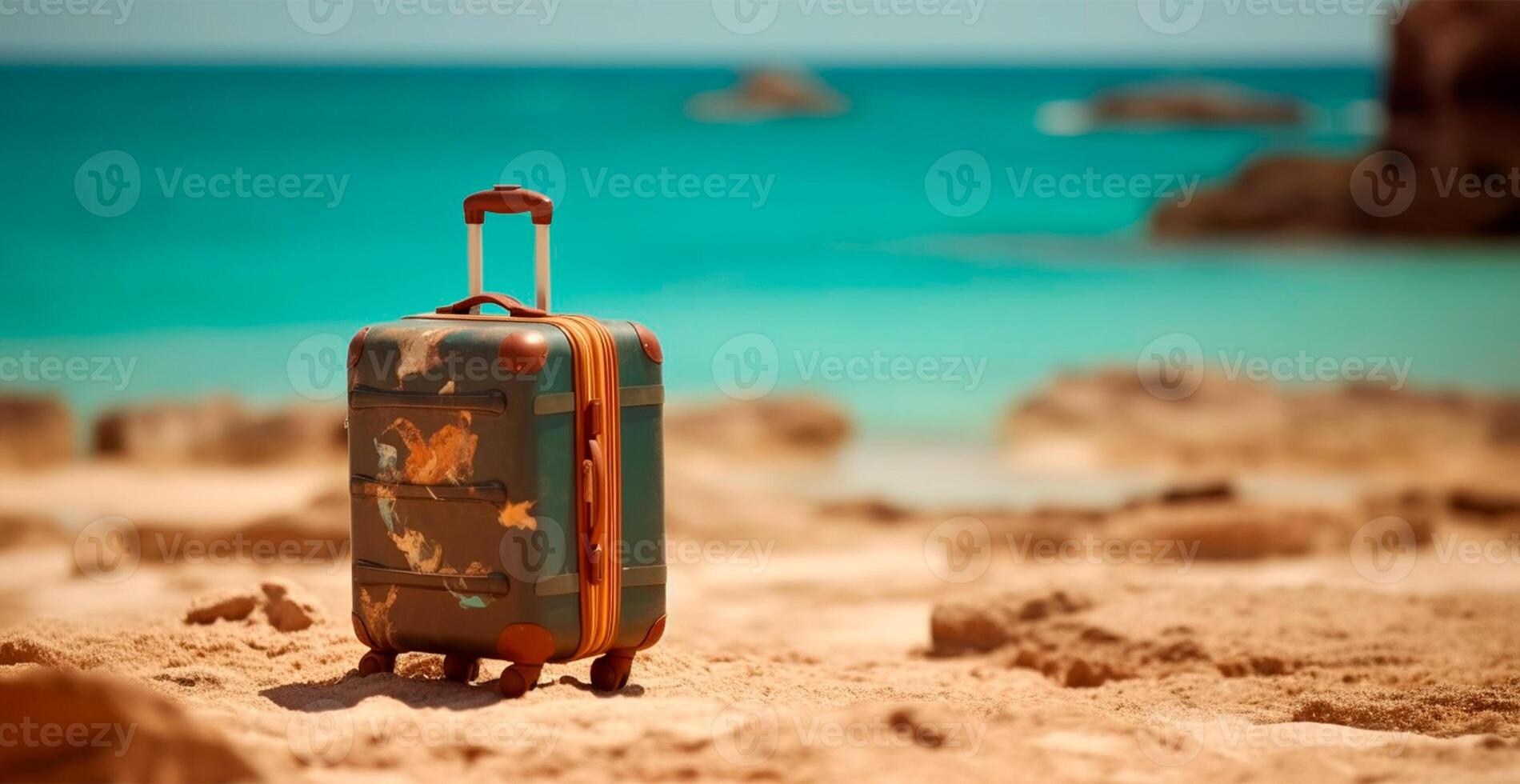 été Voyage et tourisme, brillant valise sur une magnifique sablonneux plage. vacances Voyage - ai généré image photo