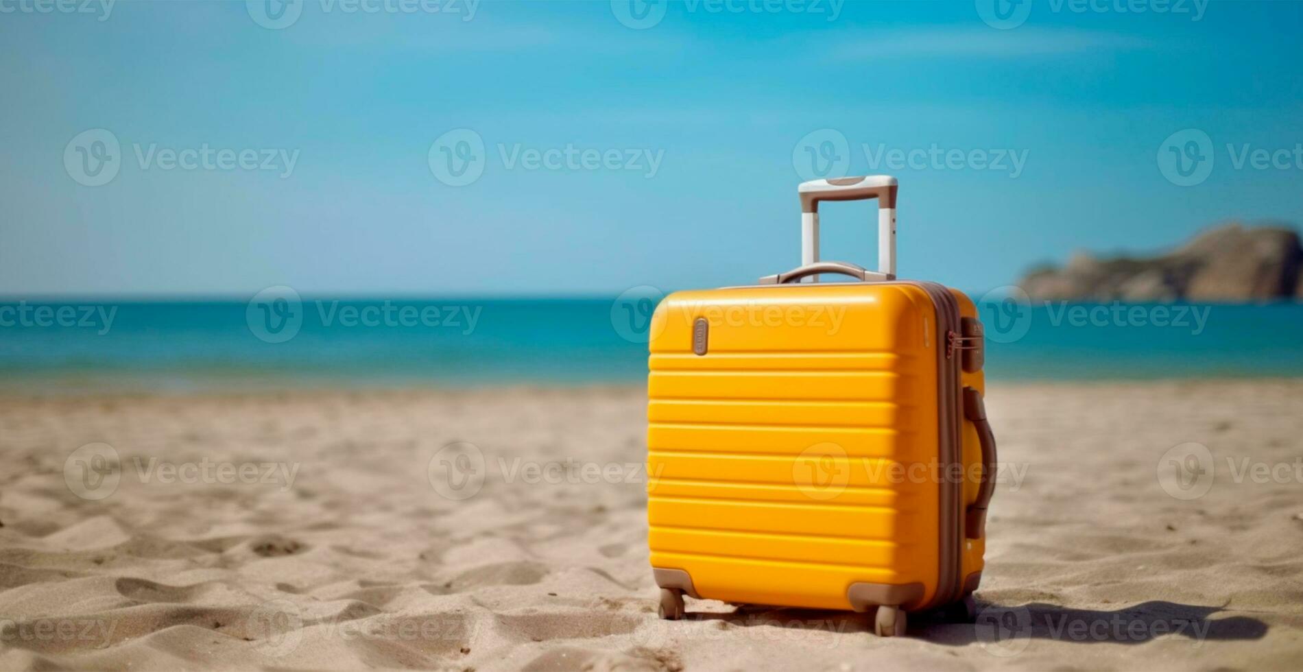 été Voyage et tourisme, Jaune valise sur une magnifique sablonneux plage. vacances Voyage - ai généré image photo