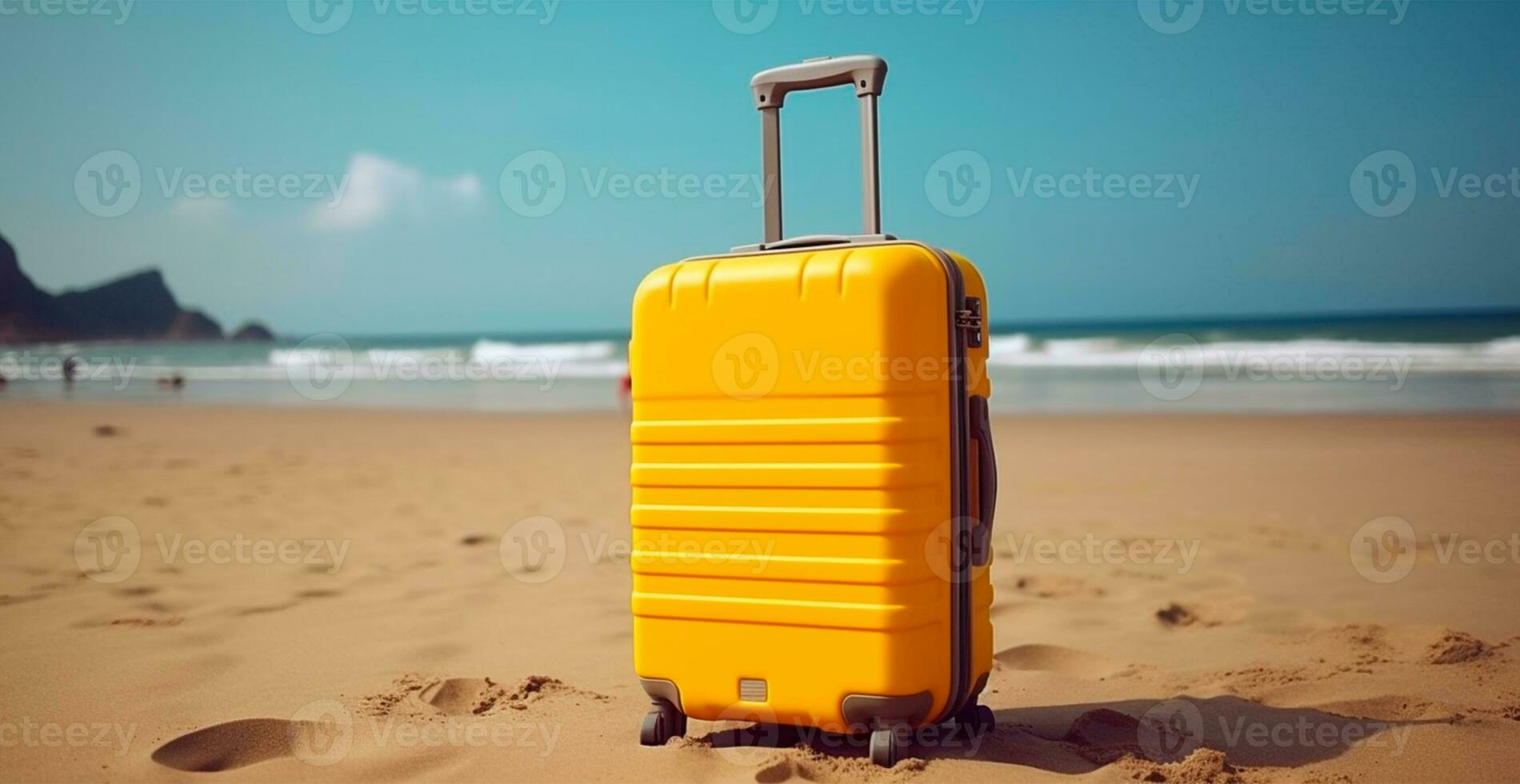 été Voyage et tourisme, Jaune valise sur une magnifique sablonneux plage. vacances Voyage - ai généré image photo