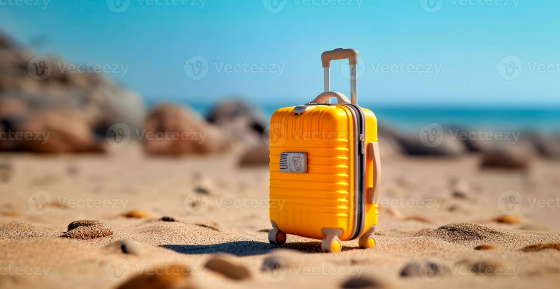 été Voyage et tourisme, Jaune valise sur une magnifique sablonneux plage. vacances Voyage - ai généré image photo