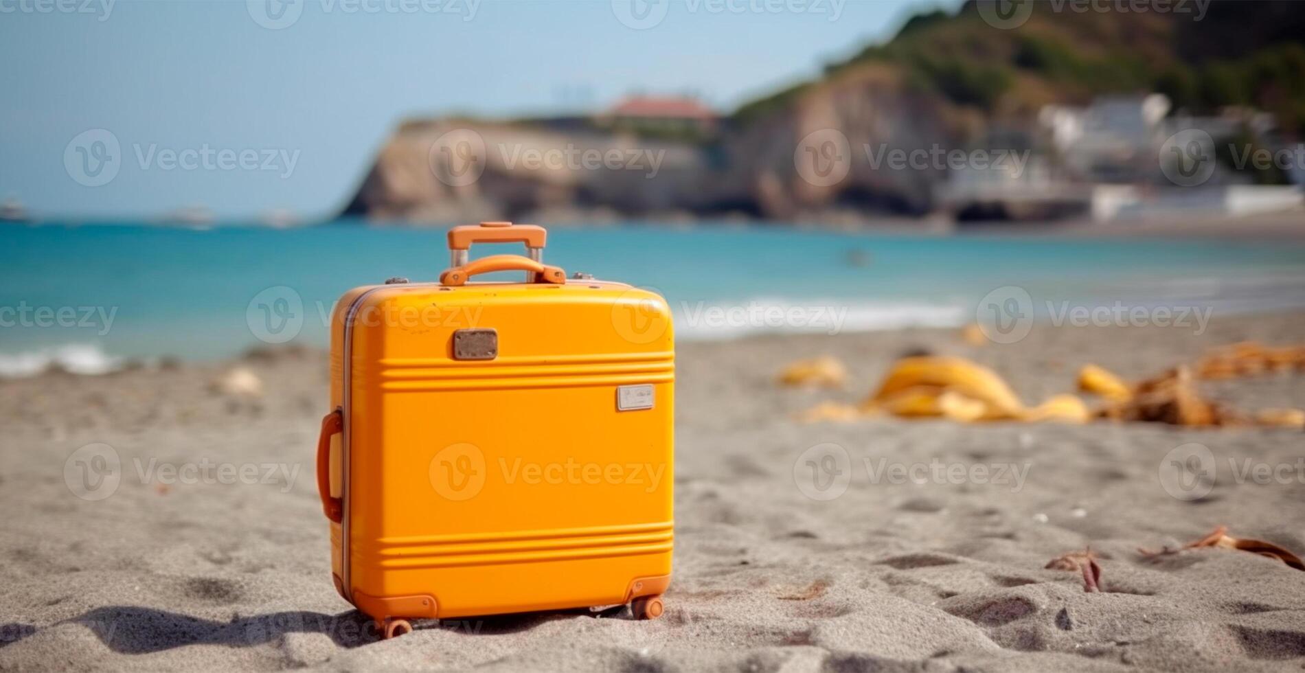 été Voyage et tourisme, Jaune valise sur une magnifique sablonneux plage. vacances Voyage - ai généré image photo