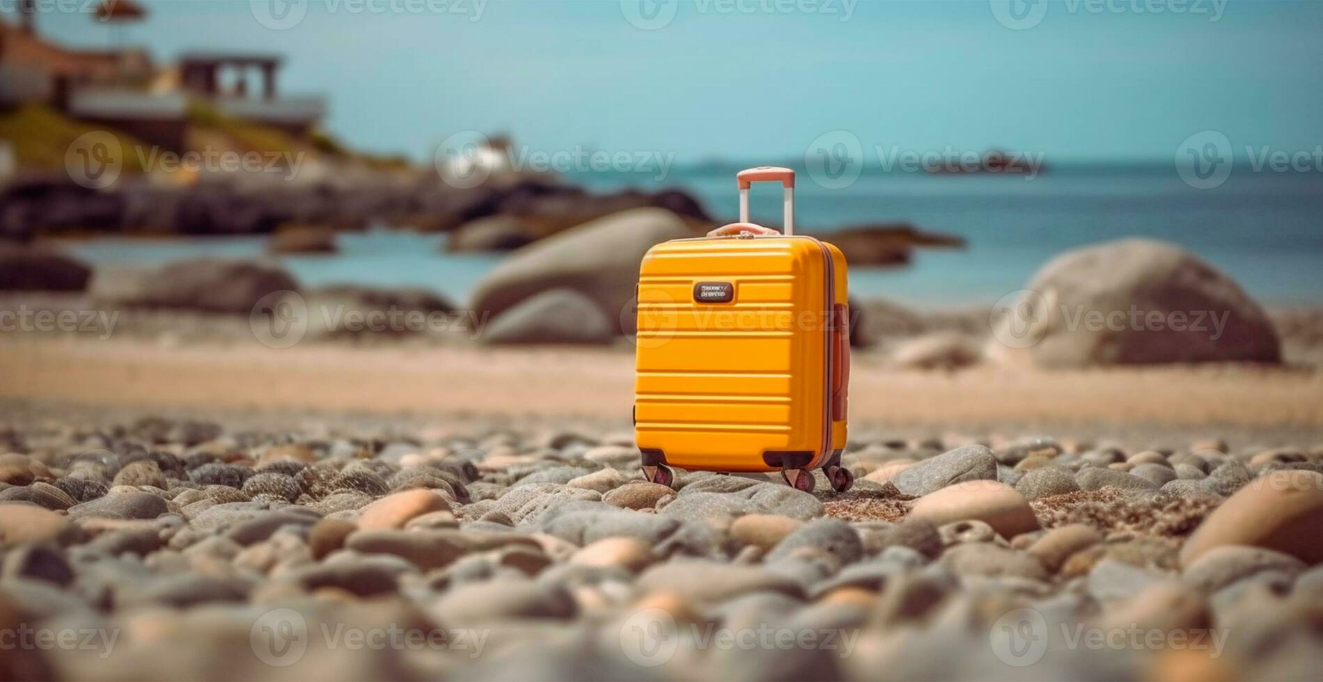 été Voyage et tourisme, Jaune valise sur une magnifique sablonneux plage. vacances Voyage - ai généré image photo