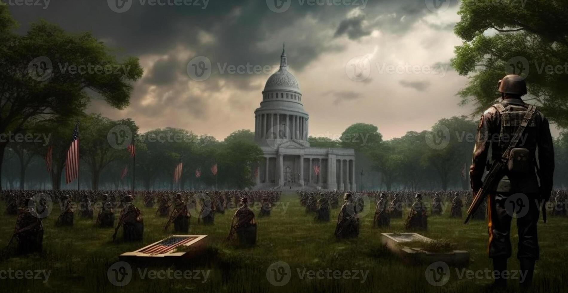 pierres tombales avec nous drapeaux à Arlington nationale cimetière sur Mémorial journée - ai généré image photo