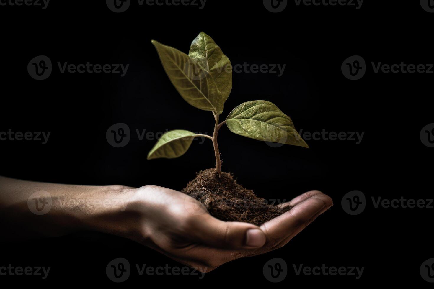 main en portant une Jeune plante avec noir Contexte et soleil. éco concept Terre journée. ai généré photo