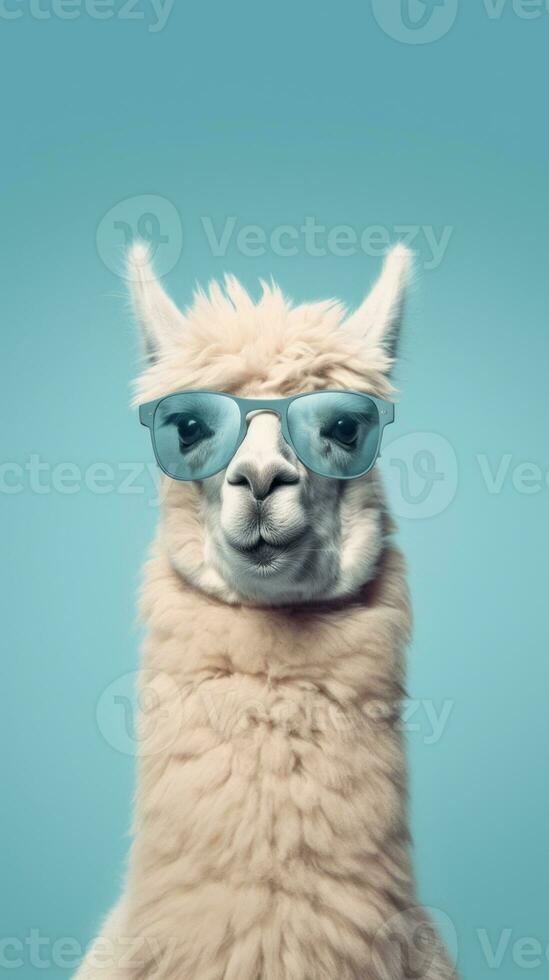 mignonne marrant lama dans des lunettes de soleil. illustration ai génératif photo