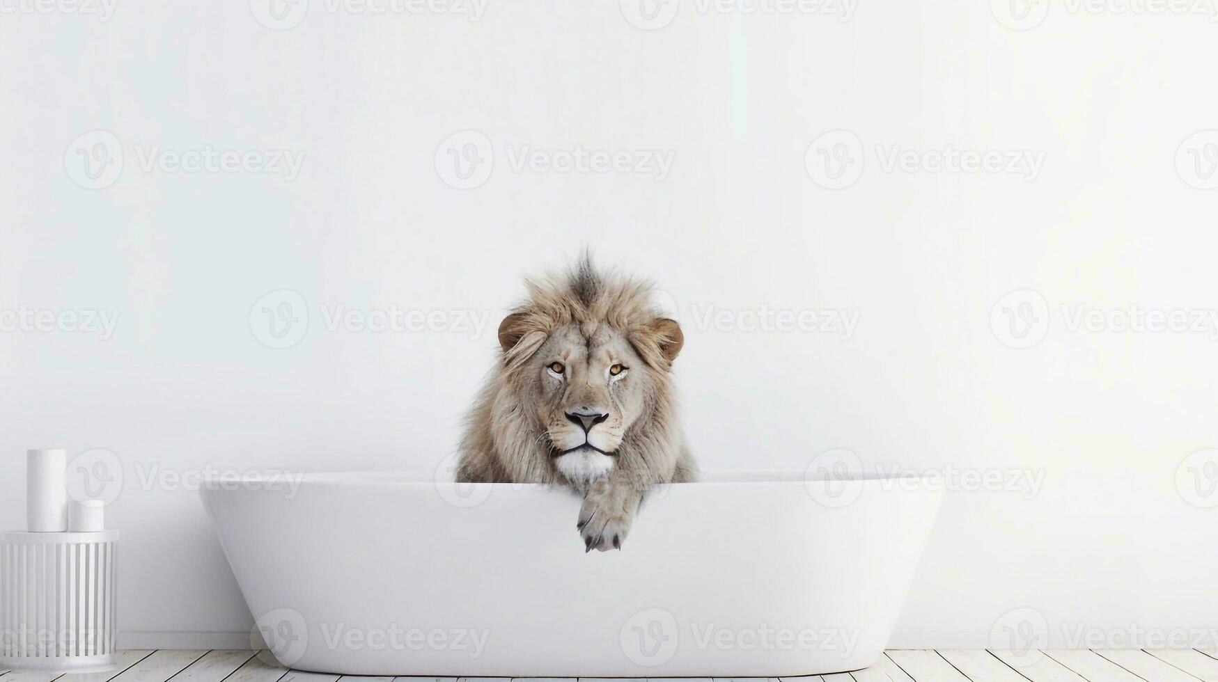 une Lion dans une baignoire avec une blanc Contexte - génératif ai photo