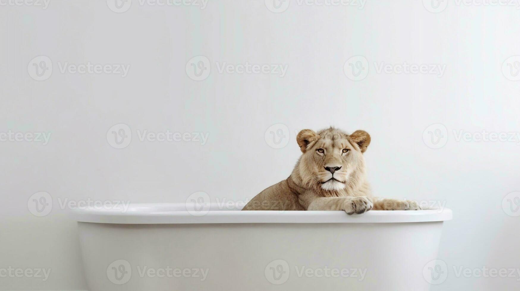 une Lion dans une baignoire avec une blanc Contexte - génératif ai photo