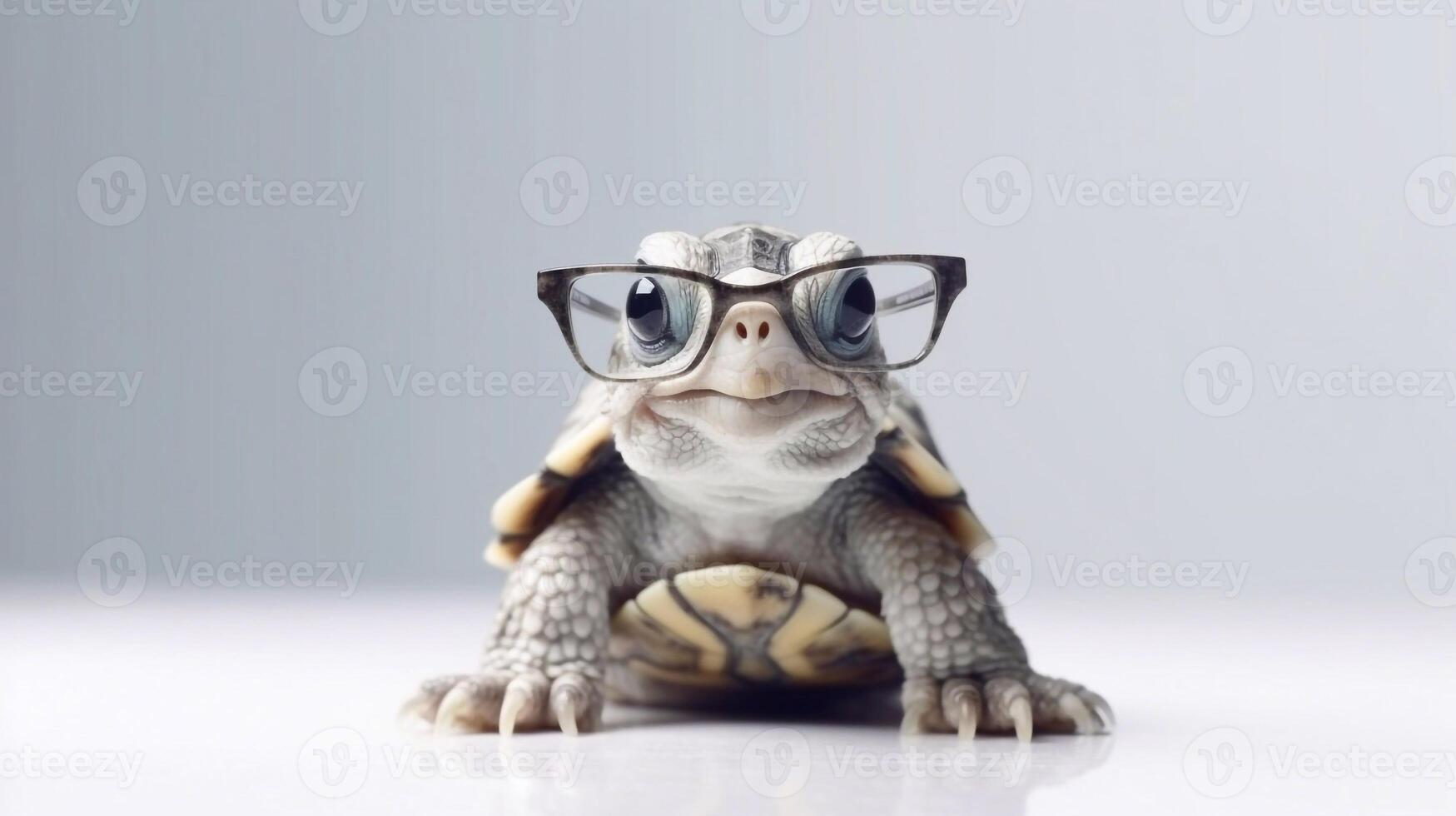 une tortue portant des lunettes est montré avec une blanc Contexte. - génératif ai photo