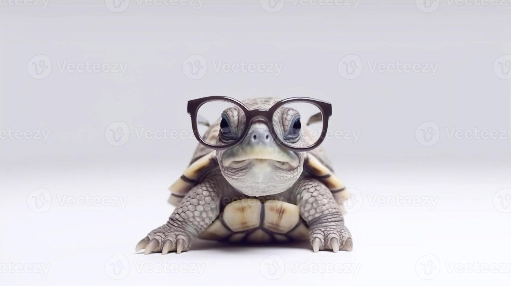 une tortue portant des lunettes est montré avec une blanc Contexte. - génératif ai photo