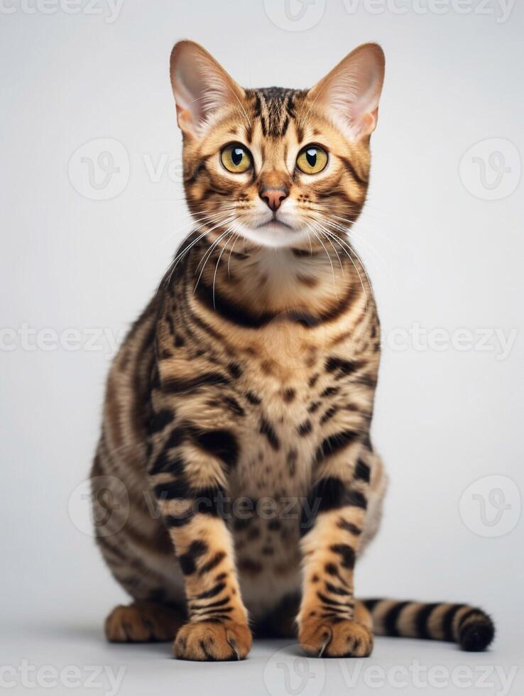 Bengale chat sur blanc Contexte à la recherche à caméra. studio tir. génératif ai photo