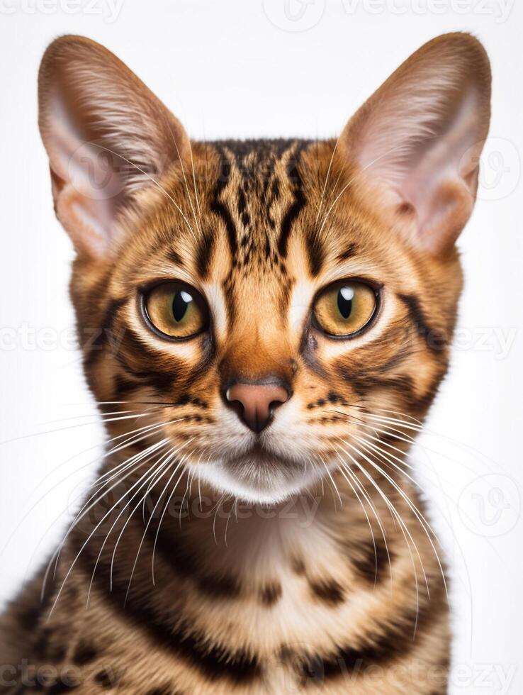 fermer portrait de une Bengale chat sur blanc Contexte. génératif ai photo