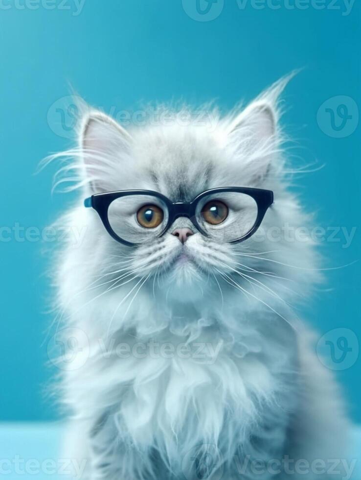 magnifique persan chaton portant lunettes sur bleu Contexte. génératif ai photo