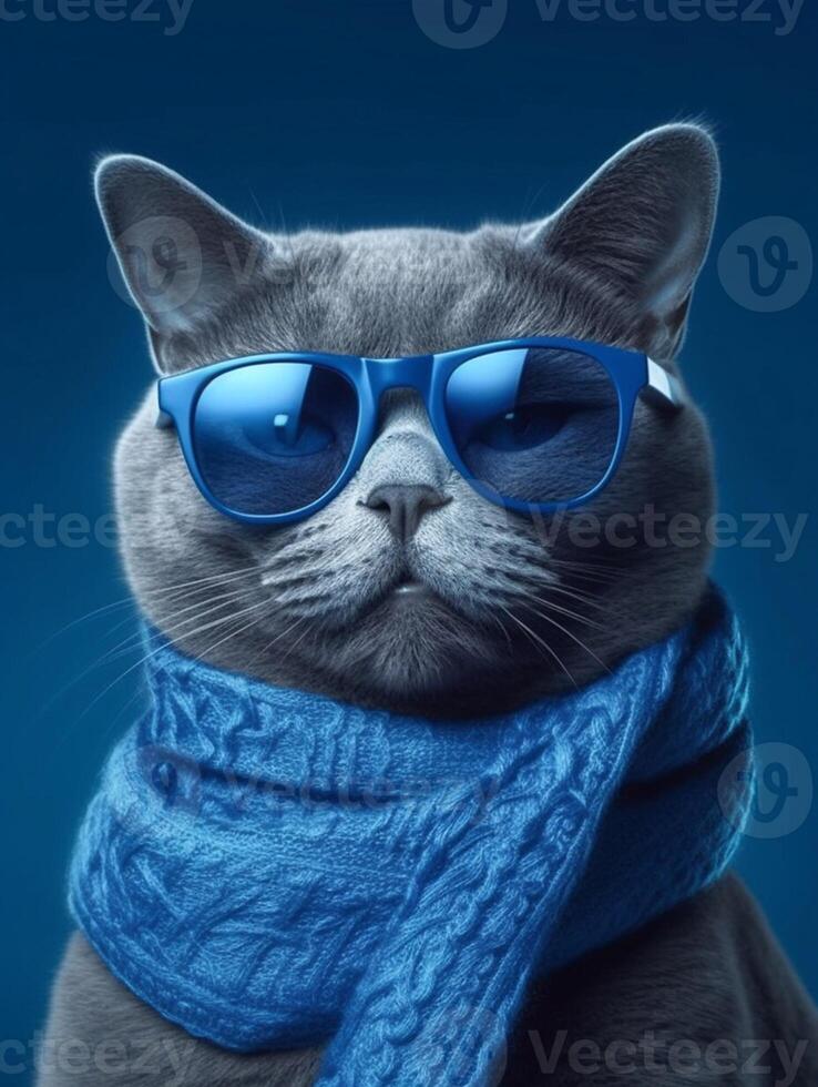 magnifique russe bleu chat portant des lunettes et écharpe sur bleu Contexte. génératif ai photo