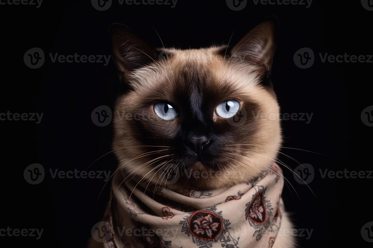 portrait de une Siamois chat avec bleu yeux dans une écharpe sur une noir Contexte. génératif ai photo