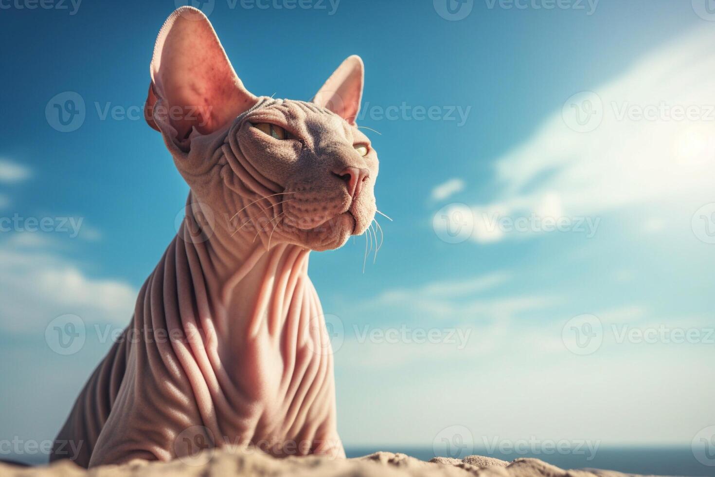 portrait de une sphynx chat avec bleu ciel Contexte. génératif ai photo