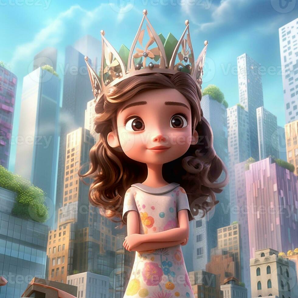 mignonne peu fille portant couronne forme bâtiment sur sa tête et elle est permanent autour le gratte-ciel dans animation photo