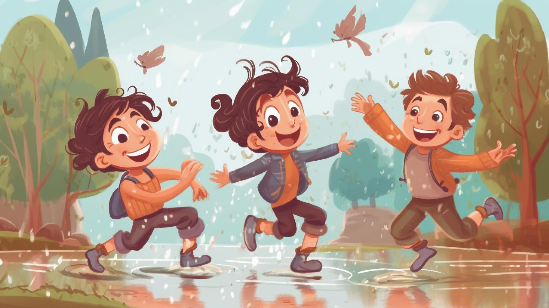 content les enfants en jouant dans le pluie. génératif ai photo