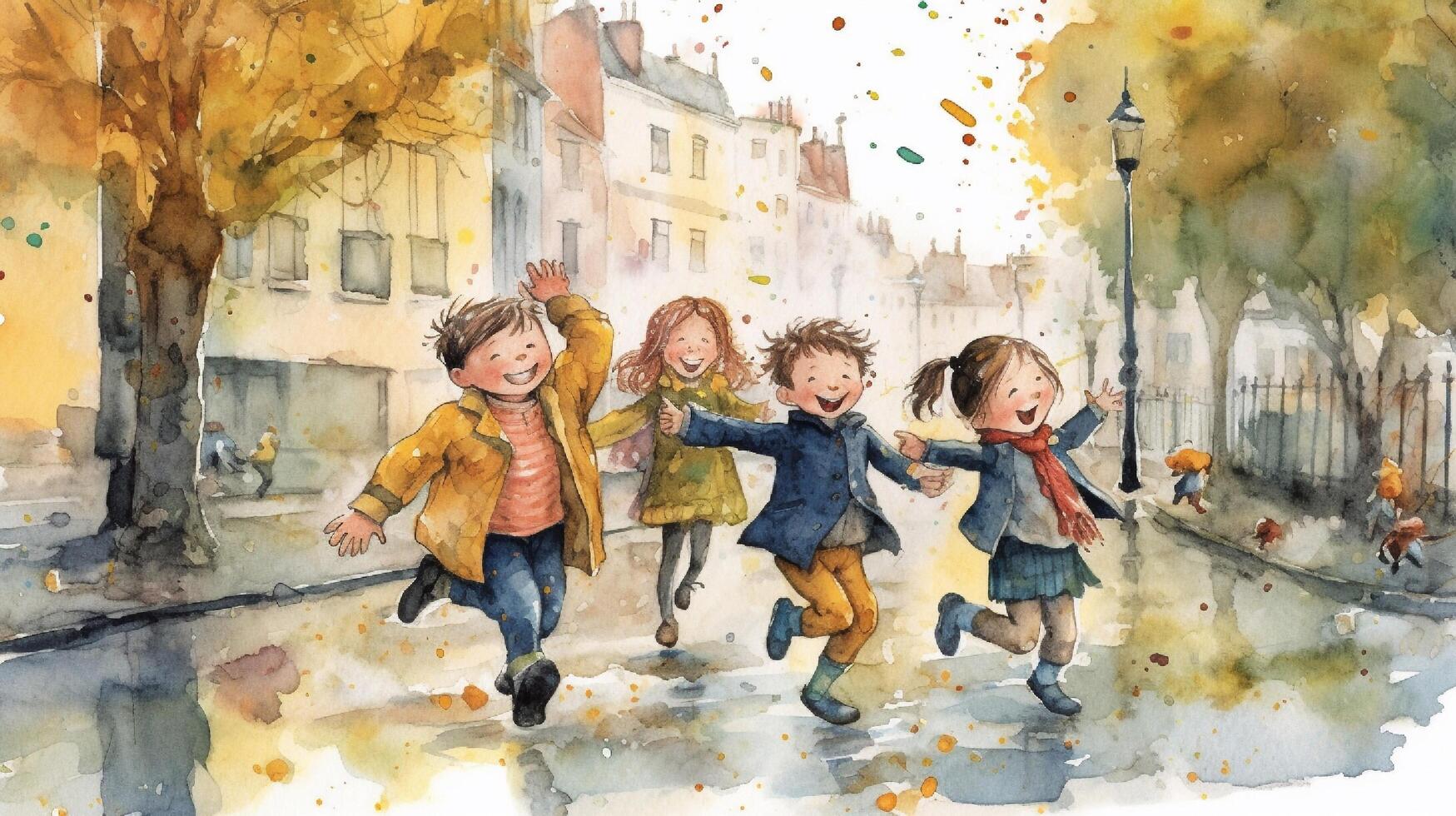 aquarelle illustration de un heureux enfants en marchant dans le