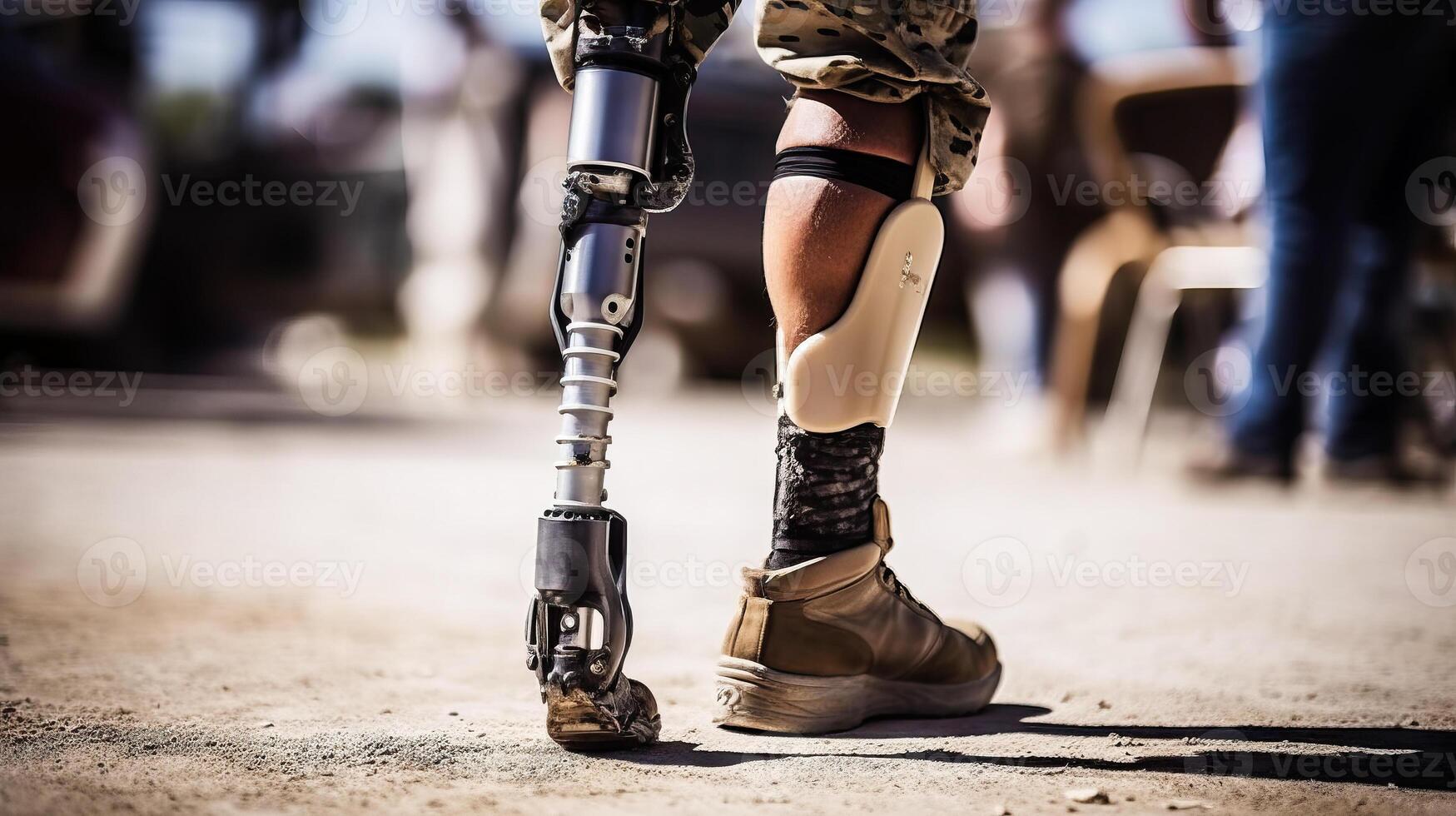 fermer de une jambe de une soldat homme avec une prothétique. génératif ai. photo