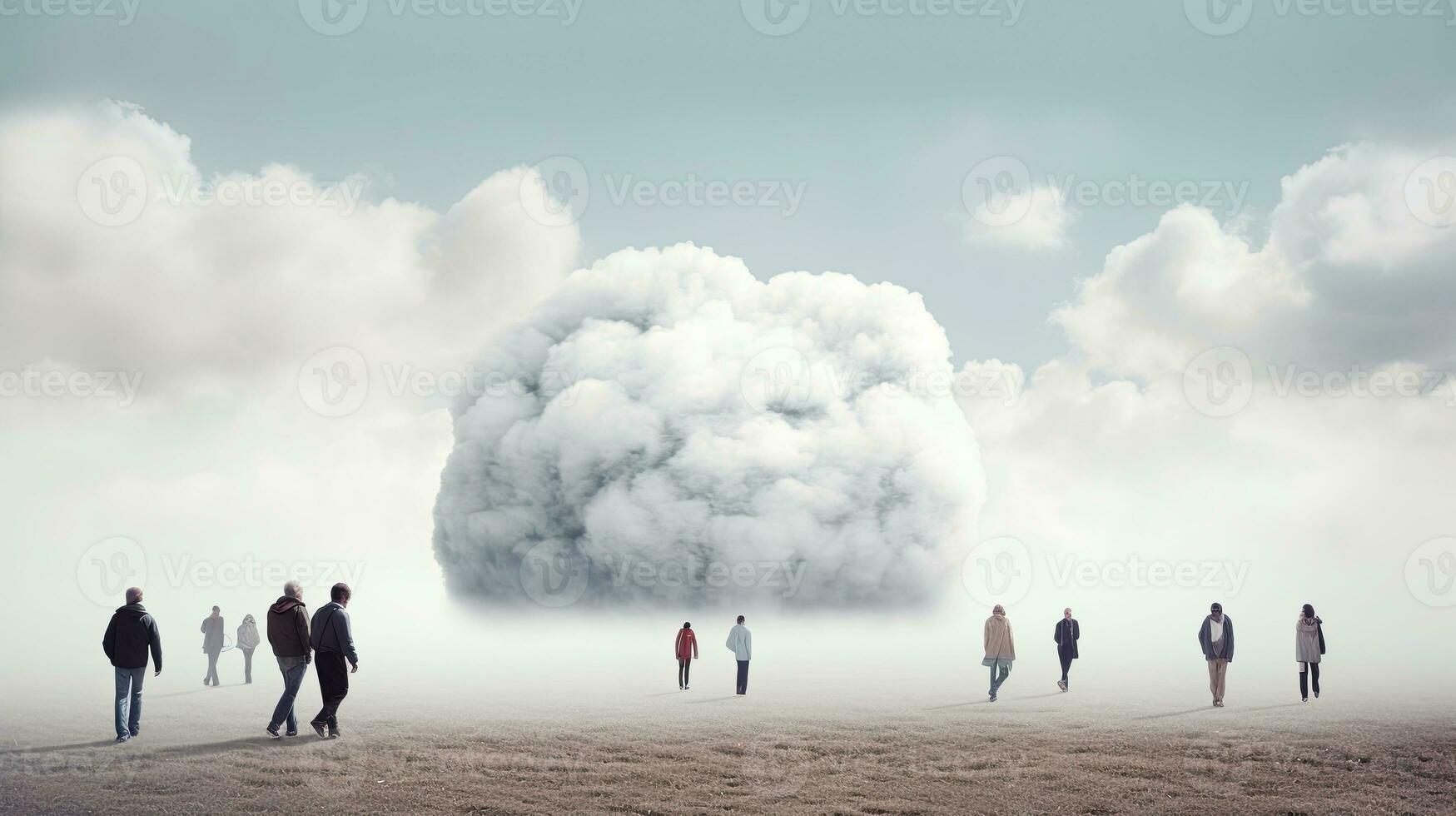 le façon dans le inconnu. conceptuel image de groupe de gens et des nuages. génératif ai. photo