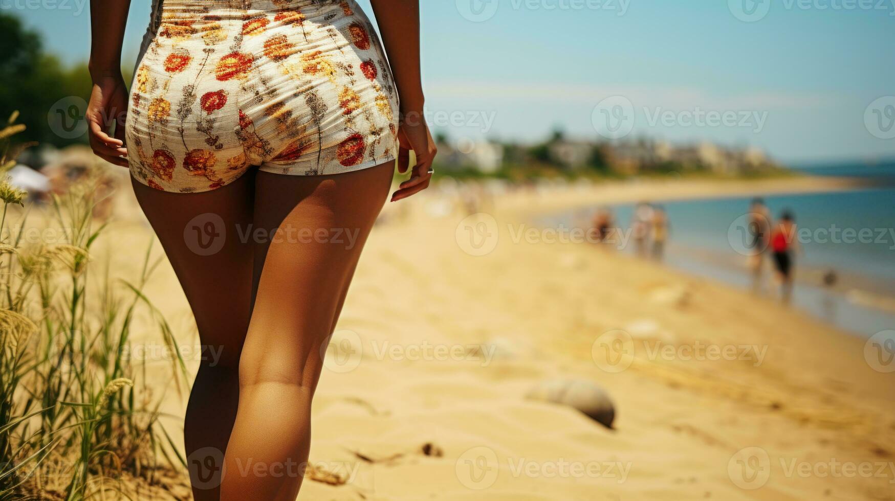 magnifique africain femme dans une court jupes dans le rivage. génératif ai. photo