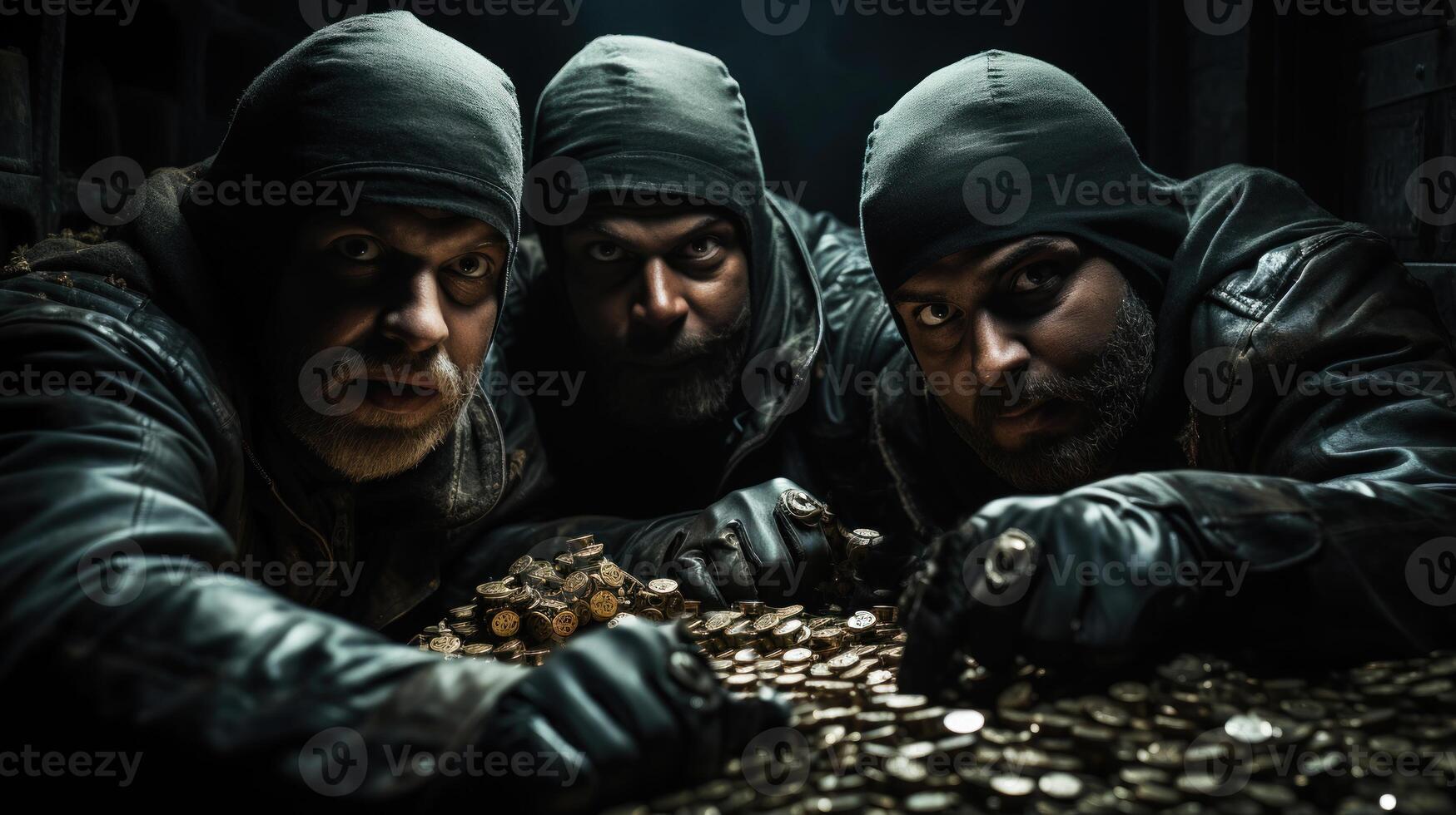 dangereux groupe de Hommes dans le foncé avec une lot de or pièces de monnaie argent. génératif ai. photo